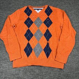 Tommy Hilfiger Mens Cotton V Neck Argyle Sweater Orange Blue Gray Size L